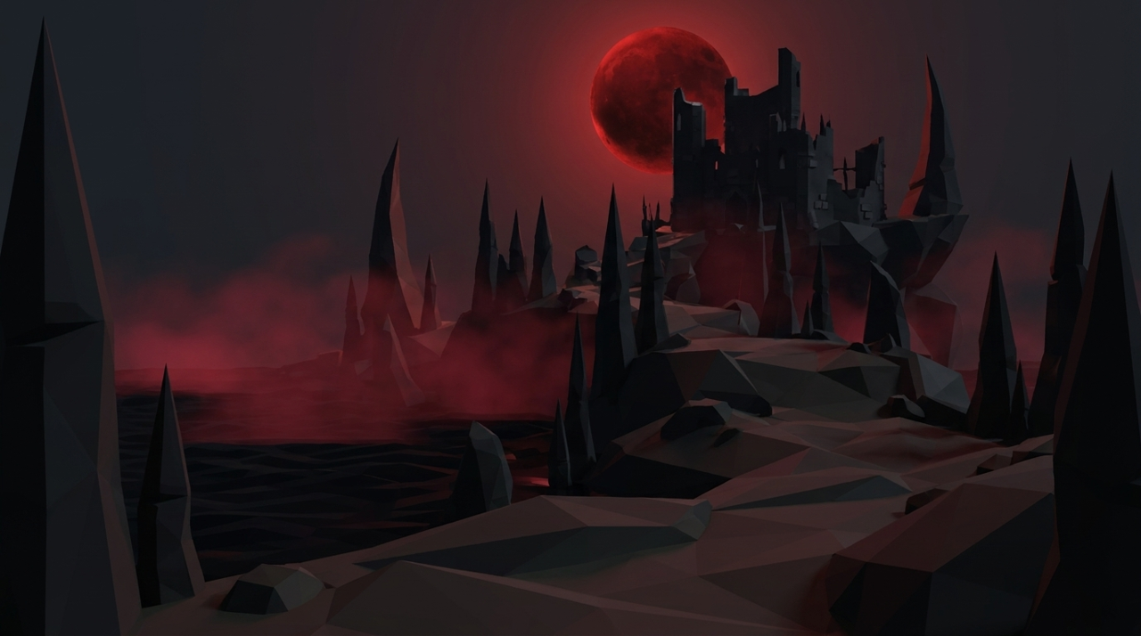 Vampyrium under a blood-red moon — jagged spires and a crumbling castle over black water