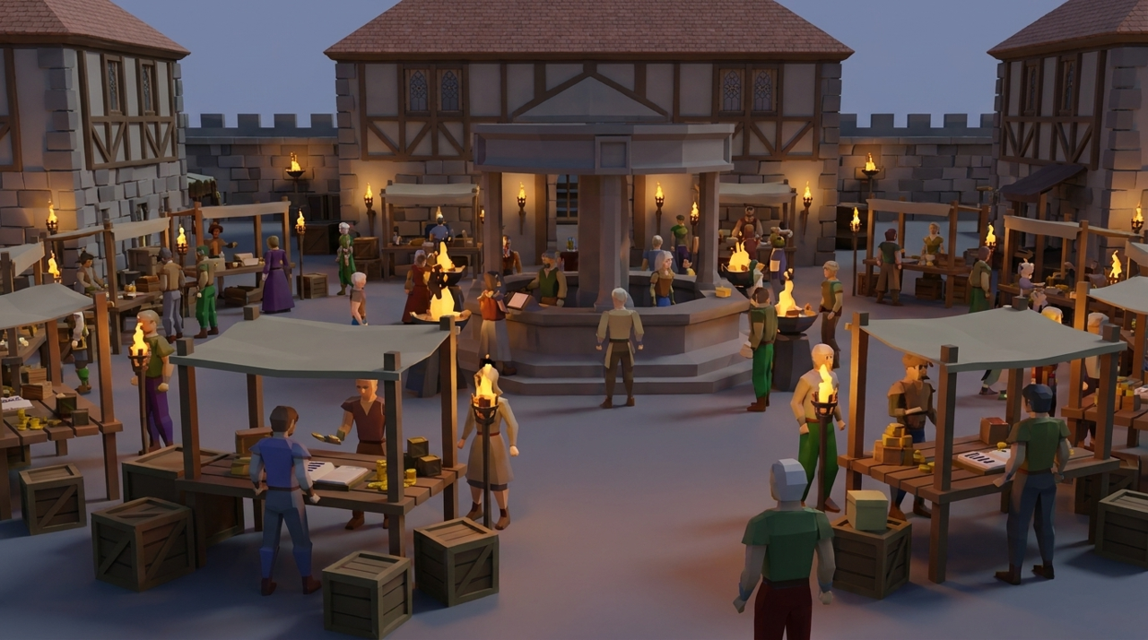 A busy low-poly Grand Exchange marketplace at dusk