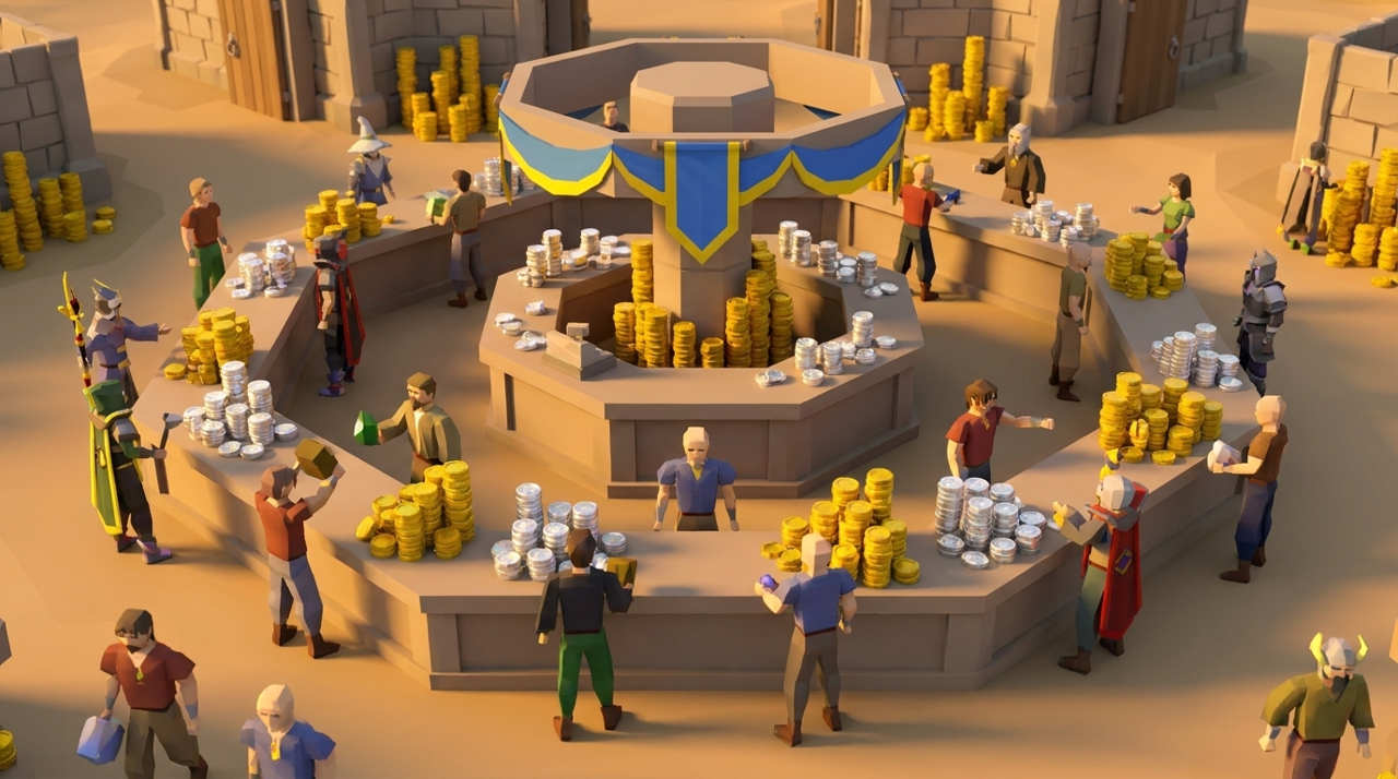 The Grand Exchange, gold coins and platinum tokens on the counters