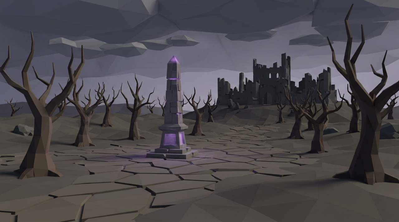 The OSRS Wilderness at dusk, a glowing obelisk among dead trees